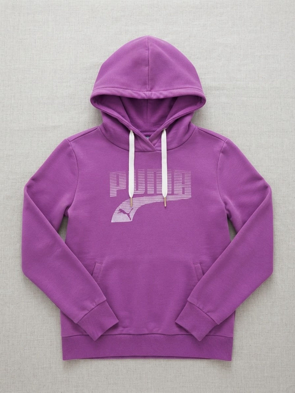 Puma Purple Graphic Logo Hoodie - White Drawstrings - Women's Medium